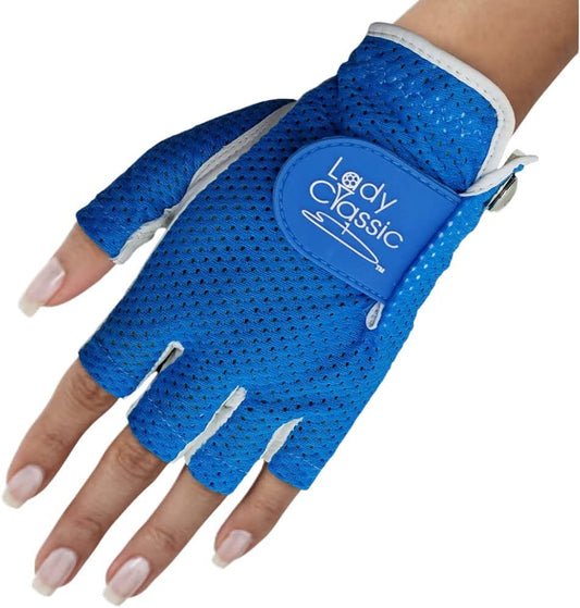 New Lady Classic Mesh Half Finger Glove - White/Neon Blue