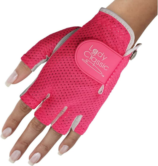 New Lady Classic Mesh Half Finger Glove - White/Neon Pink