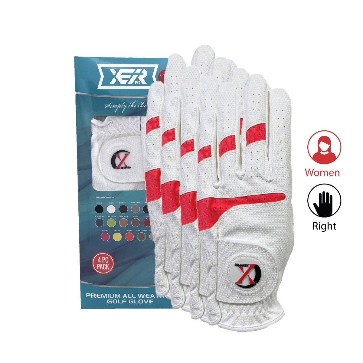 XEIR PRO Premium All Weather Golf Gloves 4 Pack for Women Worn On Right Hand for Left Handed Golfer