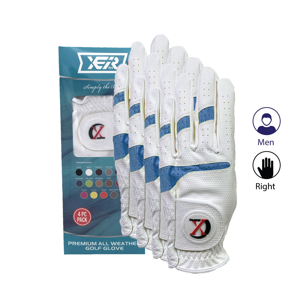 XEIR PRO Premium All Weather Golf Gloves 4 Pack for Men Worn On Right Hand for Left Handed Golfer